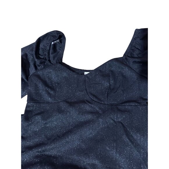 And Now This Black Long-Sleeve Knit Mini Dress Size M Smocked Metallic Babydoll - Picture 7 of 11